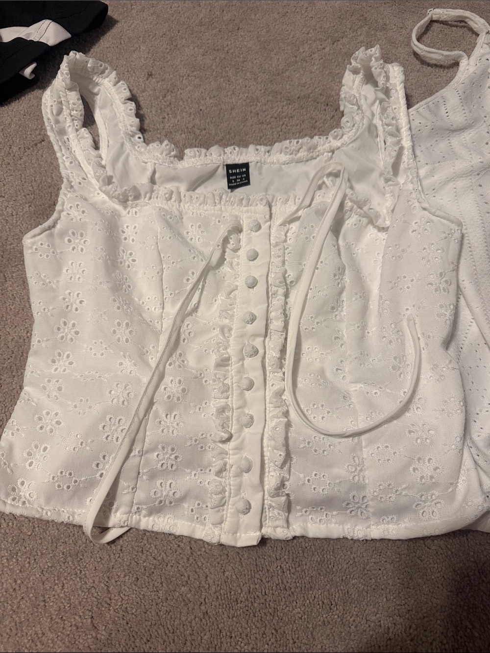 SHEIN White Eyelet Ruffle Button-Front Crop Top